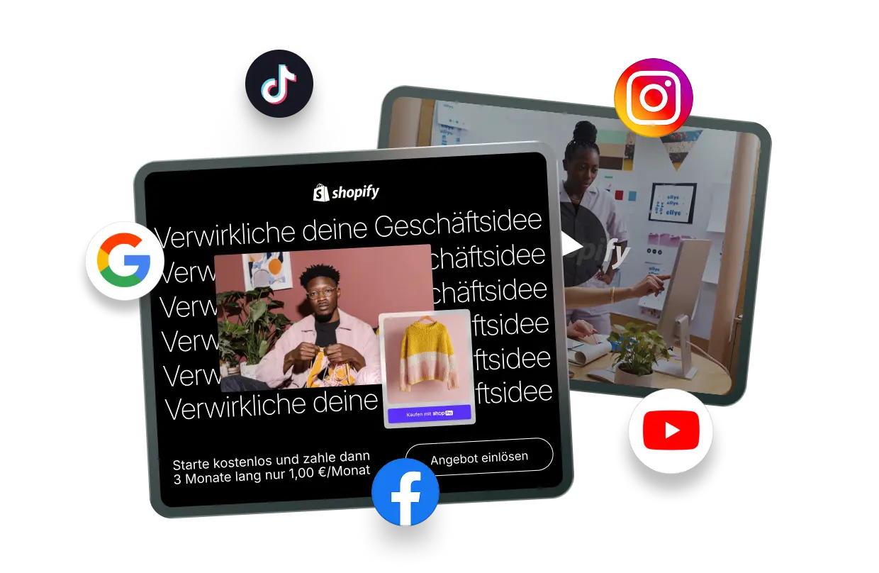 Beispiele für Shopify-Marketingbanner und Videoanzeigen. Um die Anzeigen herum befinden sich Symbole für TikTok, Instagram, Google, Facebook und YouTube, die auf einsatzbereite Assets für plattformübergreifende Werbung hinweisen.