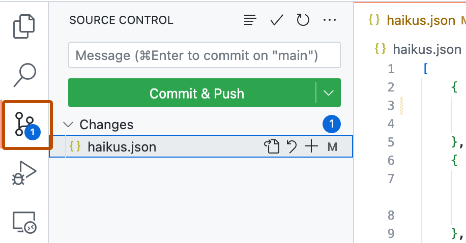 Capture d’écran de la barre d'activité VS Code avec le bouton de gestion de source, représenté avec une icône de branche, mis en évidence avec un encadré orange.