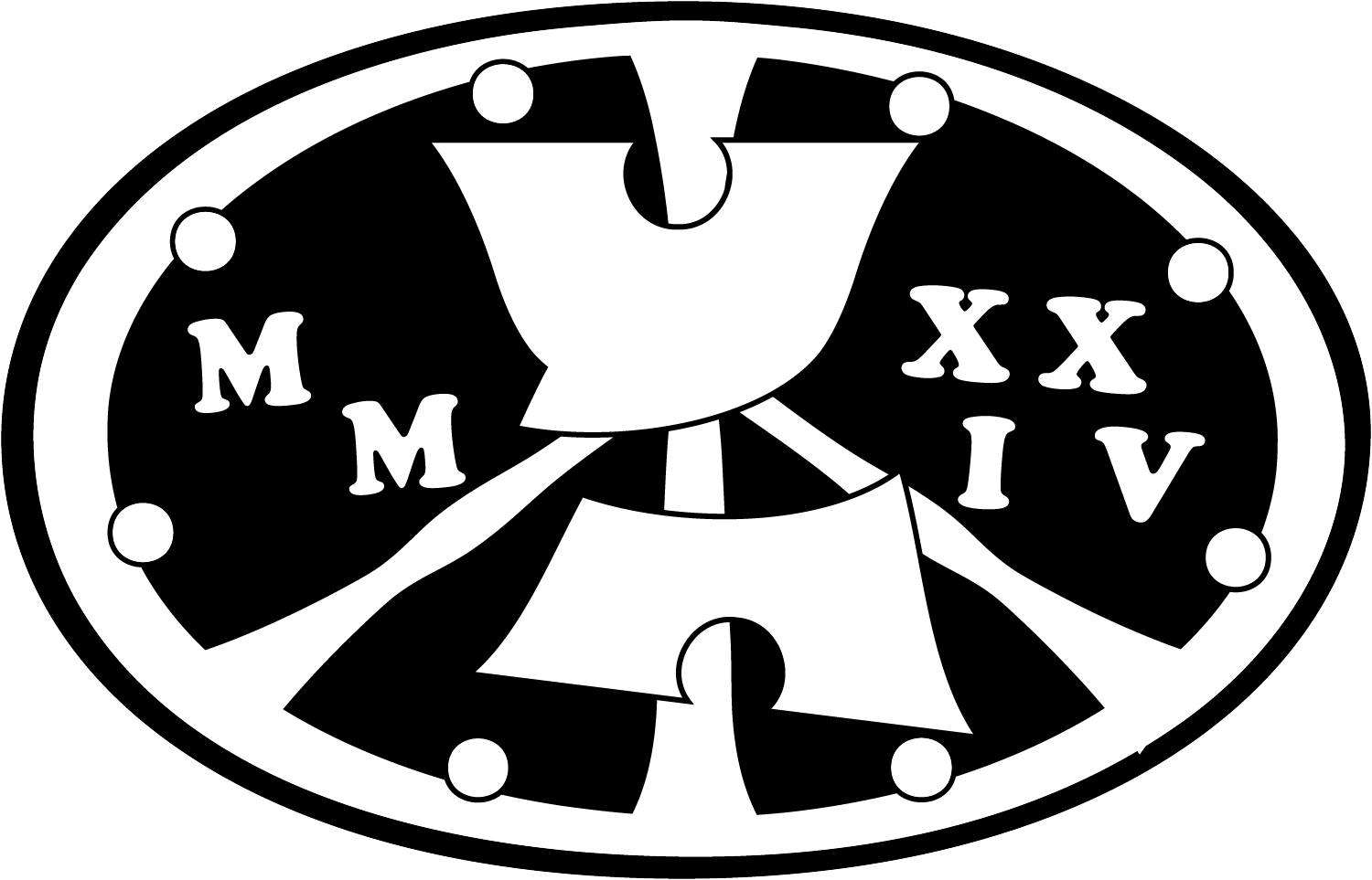 a black and white oval shaped drawing featuring a peace sign, chunky cut in half x with letters surrounding it
