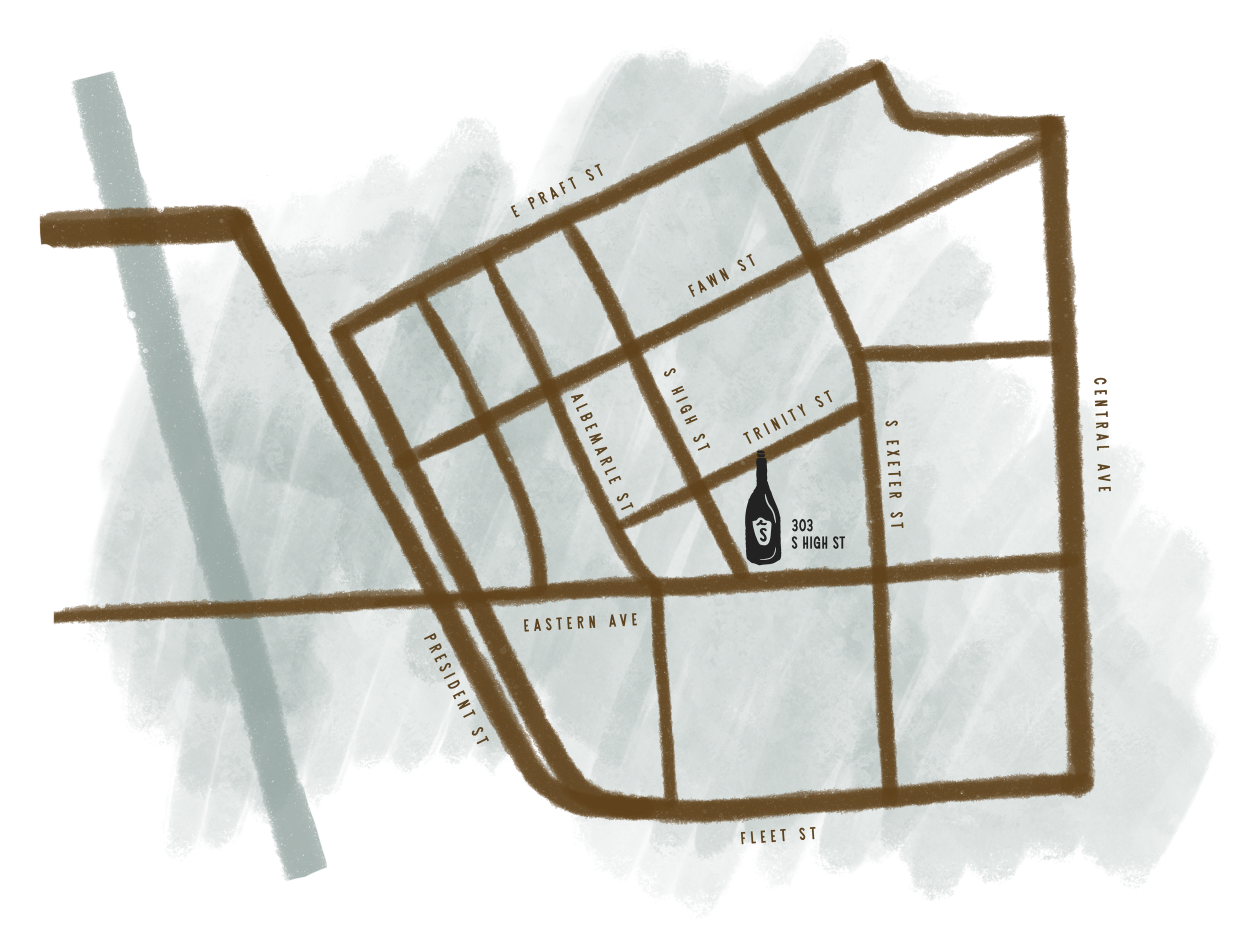 Map of a neighborhood showing streets like President St, Eastern Ave, Fleet St, and others. A marker indicates the location of 303 S High St.