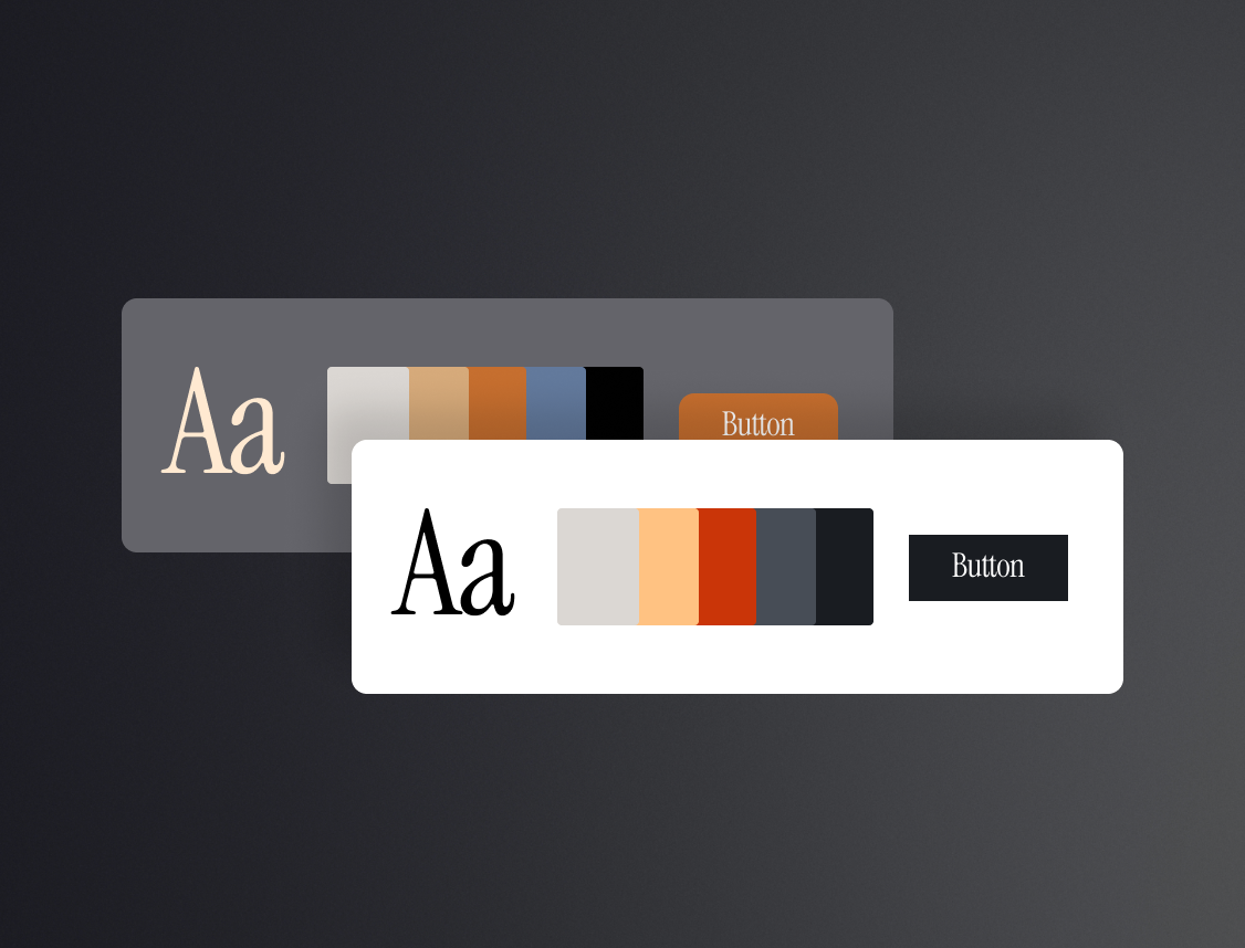 Color selection interface with color swatches, a font style labeled 'Aa', and a button labeled 'Button' on a dark background.