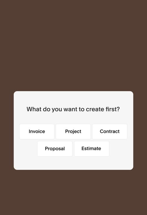 Startup options screen asking ‘What do you want to create first?’ with buttons for Invoice, Project, Contract, Proposal, and Estimate.