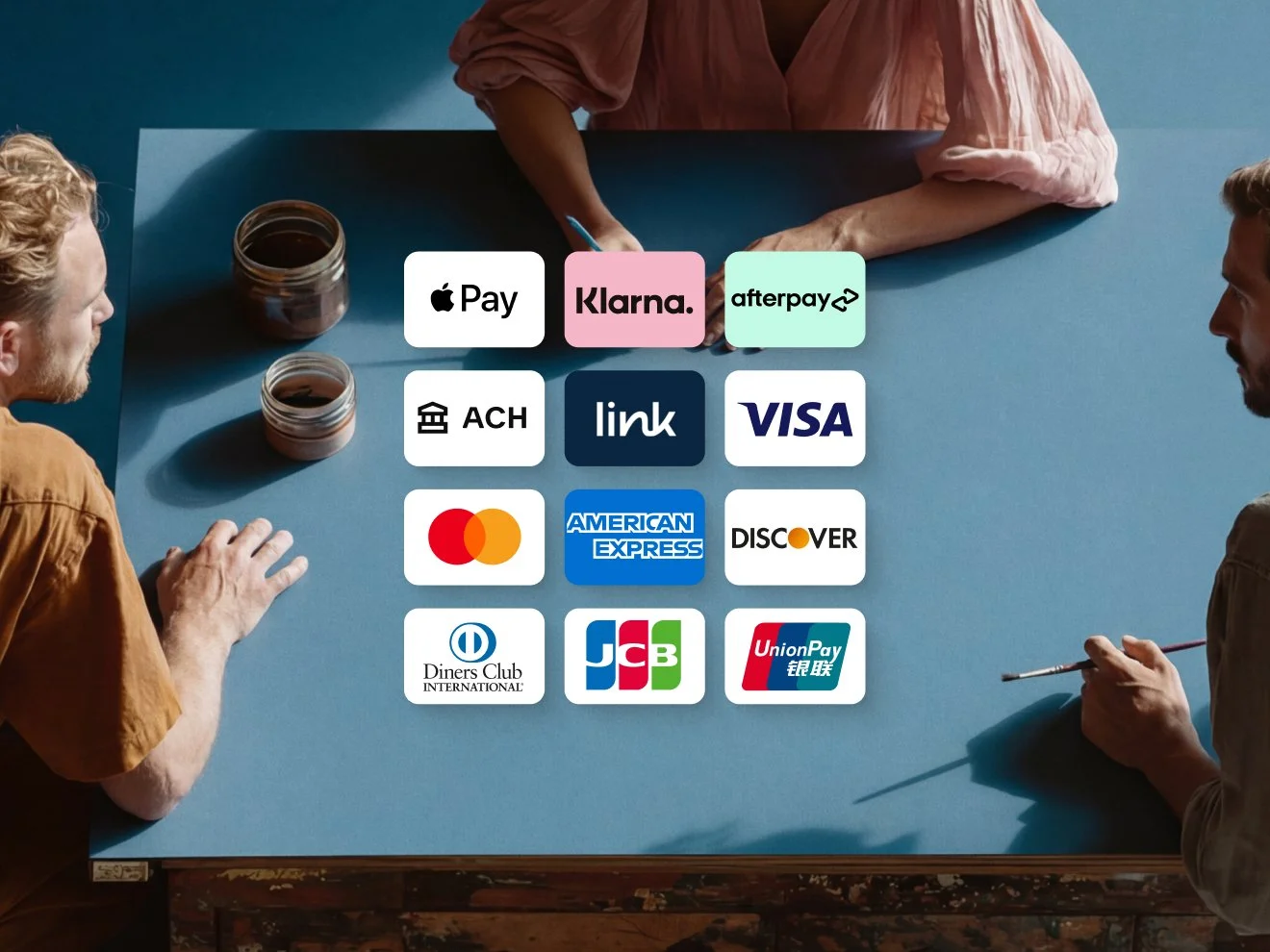A grid of logos for various global payment methods and credit cards, including Apple Pay, Klarna, Afterpay, ACH, Visa, Mastercard, American Express, and Discover.