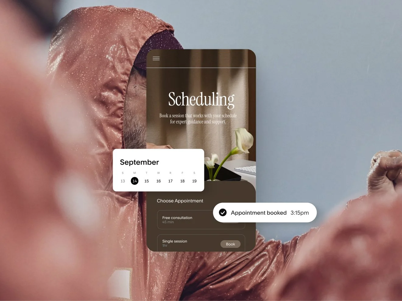 A mobile scheduling interface displaying a September calendar, a selection of appointment types (like 'Free consultation'), and a confirmation that an 'Appointment booked' at 3:15 pm.