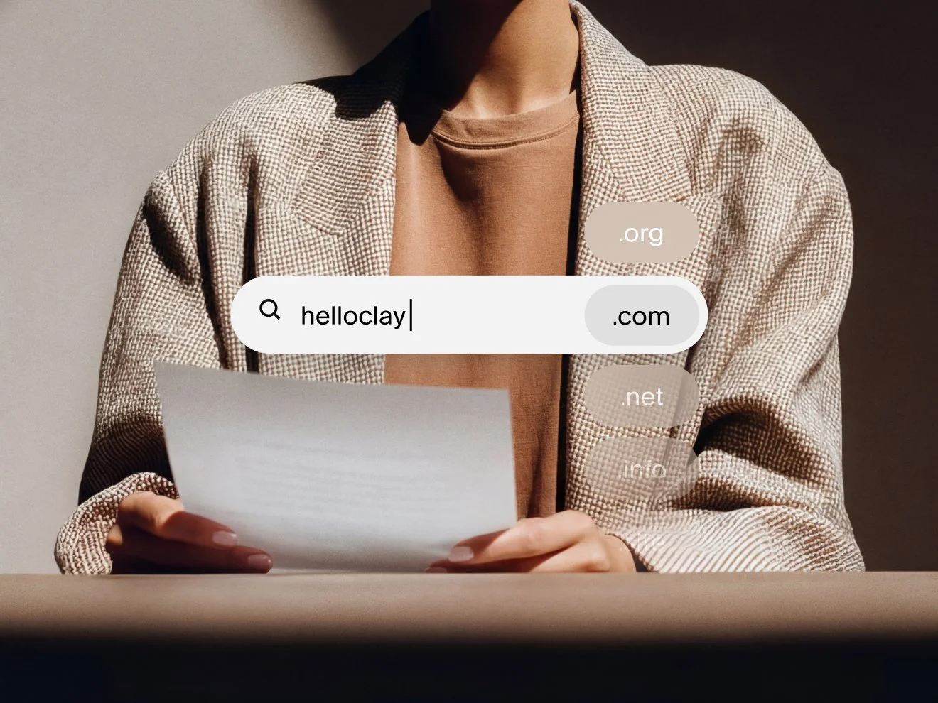 A search bar showing a query for a custom domain name with a dropdown menu listing various domain extensions like .com, .org, .net, .info, and .site.