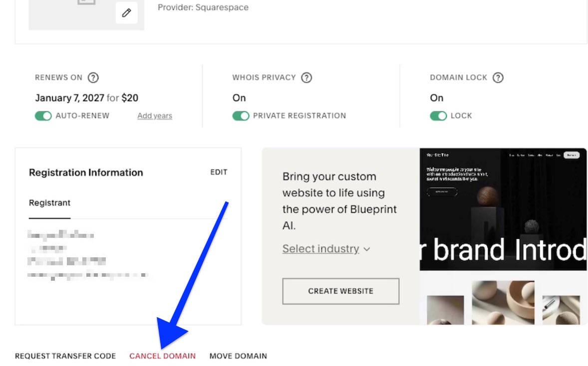 an arrow points to the cancel domain option in the domains overview panel of a Squarespace account