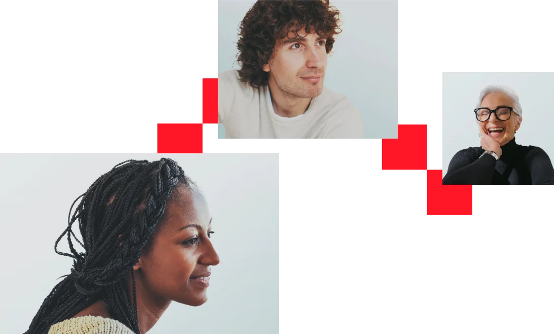 The image conveys Great Place To Work reviews and customer stories from certified companies. It is represented by a collage with red and blue certification badge front and center. Behind the badge are people talking, and talk bubbles