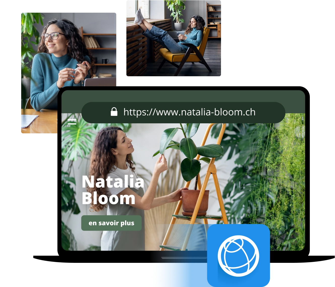 Arrangement d'images d'une femme dans un bureau confortable, un ordinateur portable avec le site natalia-bloom.ch