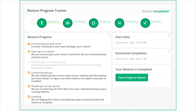 Keeping track of the restoration progress in CodeGuard