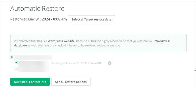 Selecting WordPress backups to restore with CodeGuard