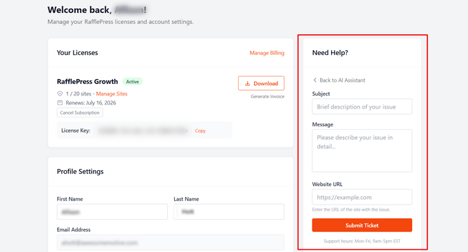 Raising a support ticket for RafflePress